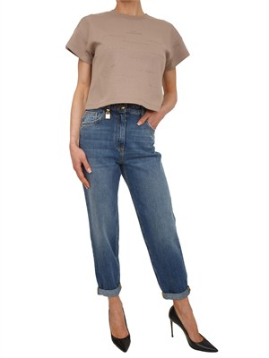 T-shirt Elisabetta Franchi in cotone taupe logo lettering rilievo in DONNA