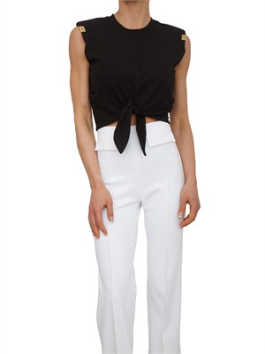 T-shirt Elisabetta Franchi in cotone nero con nodo e dettagli oro in DONNA