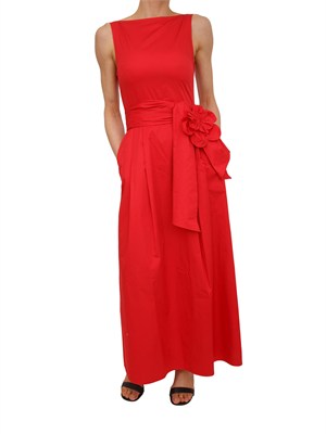 Abito lungo Aron Nenette in cotone rosso con fusciacca fiore in DONNA