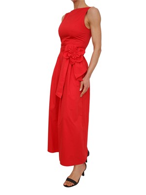 Abito lungo Aron Nenette in cotone rosso con fusciacca fiore in DONNA