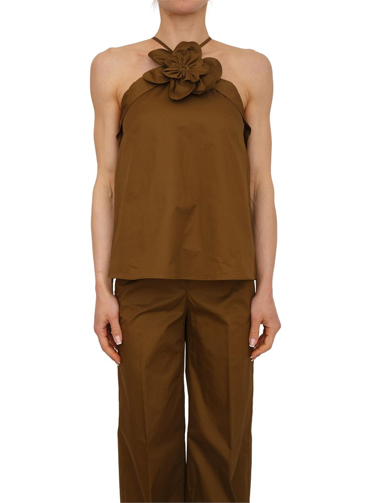 Top Fiandre Nenette in cotone satin verde con maxi fiore