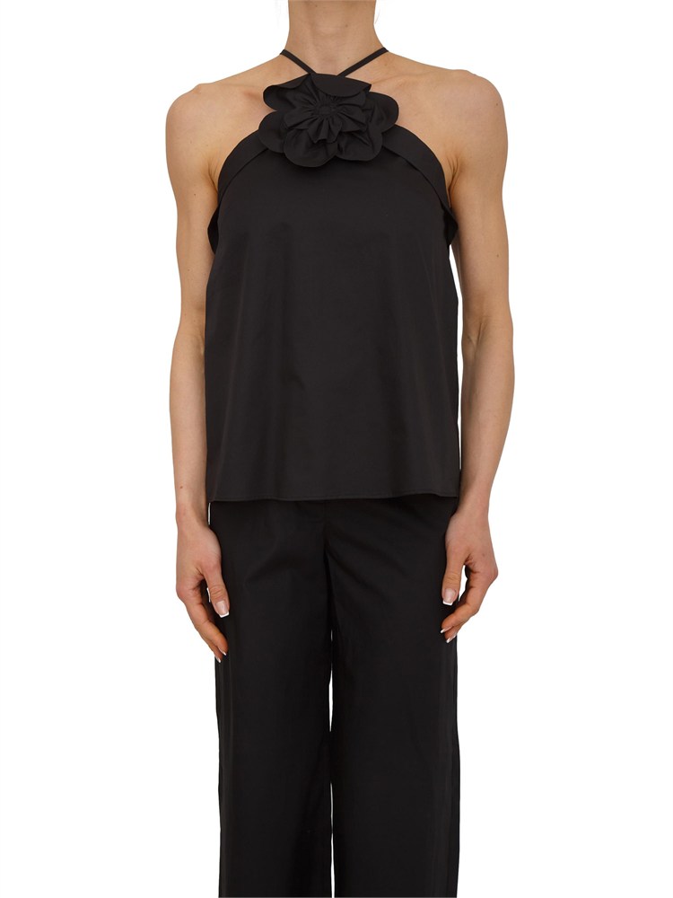 Top Fiandre Nenette in cotone satin nero con maxi fiore