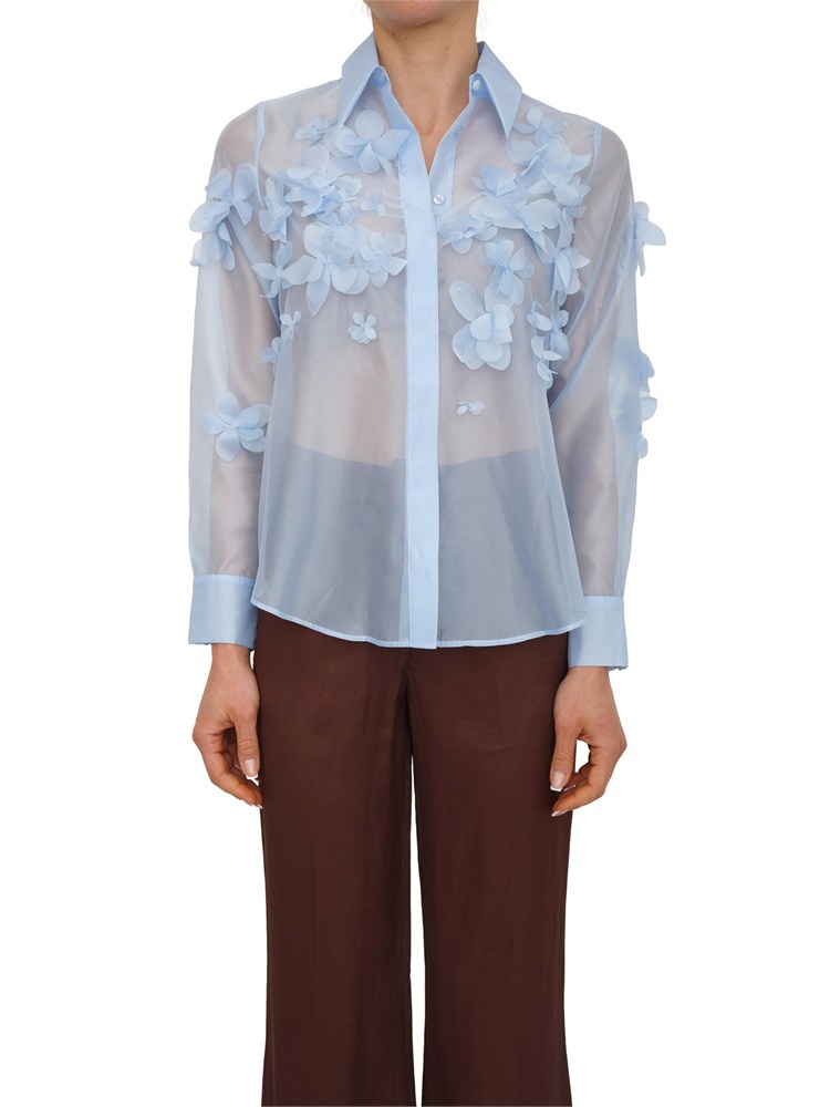 Camicia Frosty Nenette in organza azzurra con fiori 3D