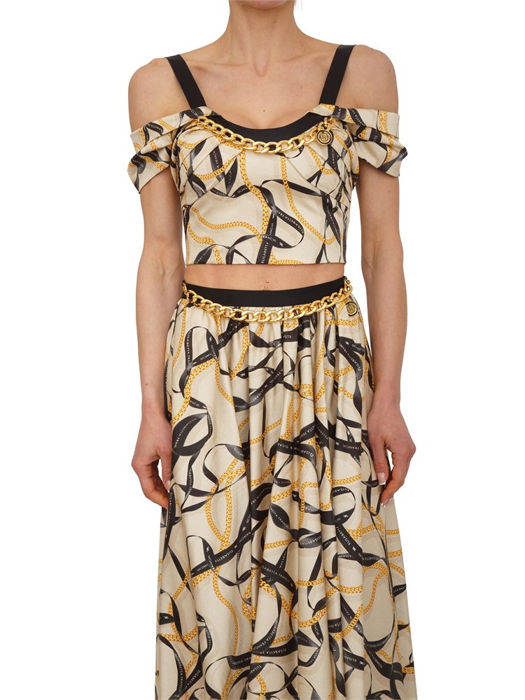 Top Elisabetta Franchi in cotone crema con stampa catene e logo