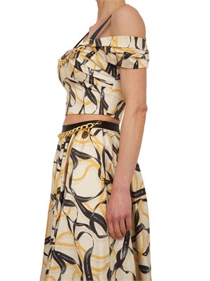 Top Elisabetta Franchi in cotone crema con stampa catene e logo in DONNA