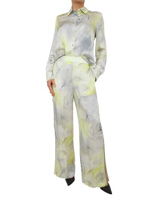 Pantaloni Blugirl in raso di viscosa lime e stampa rose in tono in DONNA