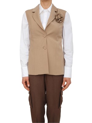 Gilet blazer Blugirl in fresco lana cammello con spilla rosa in DONNA