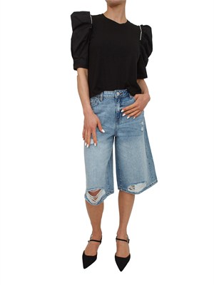 T-shirt nera Fracomina in cotone con strass e maniche a sbuffo in DONNA