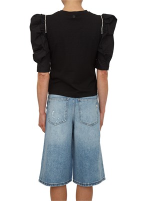 T-shirt nera Fracomina in cotone con strass e maniche a sbuffo in DONNA