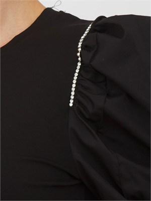 T-shirt nera Fracomina in cotone con strass e maniche a sbuffo in DONNA