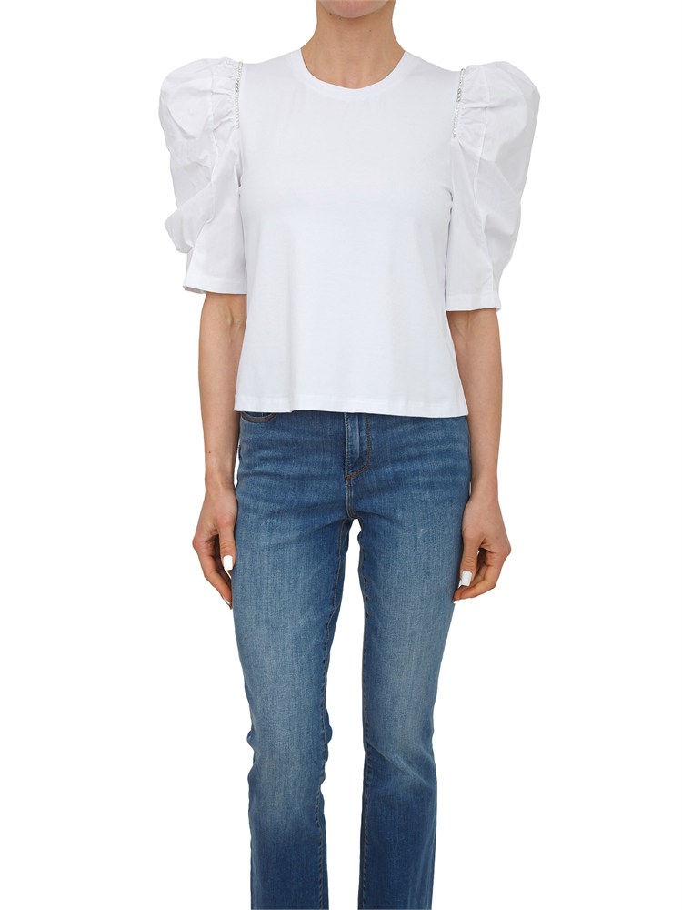 T-shirt bianca Fracomina con strass e maniche a sbuffo