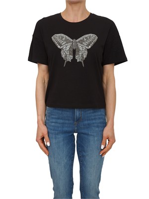 T-shirt Fracomina in cotone nero con strass a farfalla in DONNA