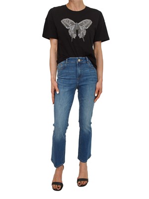 T-shirt Fracomina in cotone nero con strass a farfalla in DONNA