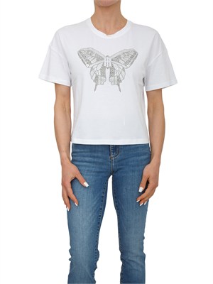 T-shirt Fracomina in cotone bianco con strass a farfalla in DONNA