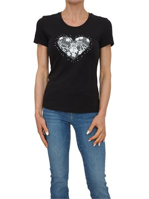 T-shirt nera Fracomina in cotone con ricamo e strass logo a cuore in DONNA