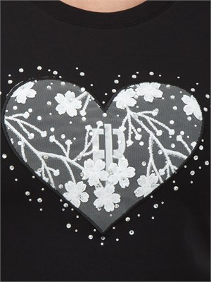 T-shirt nera Fracomina in cotone con ricamo e strass logo a cuore in DONNA