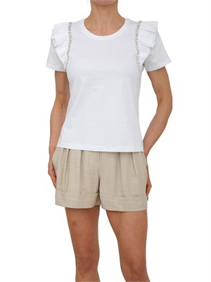 T-shirt Fracomina in cotone bianco maniche rouches e cristalli in DONNA