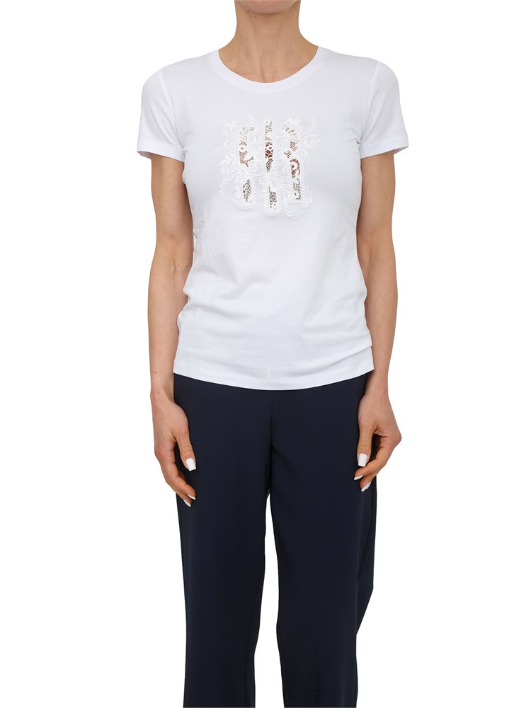 T-shirt bianca Fracomina in misto cotone logo in pizzo