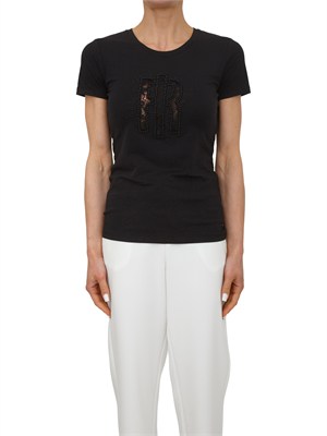 T-shirt nera Fracomina in misto cotone logo in pizzo in DONNA