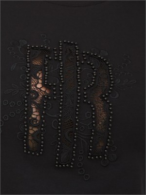 T-shirt nera Fracomina in misto cotone logo in pizzo in DONNA
