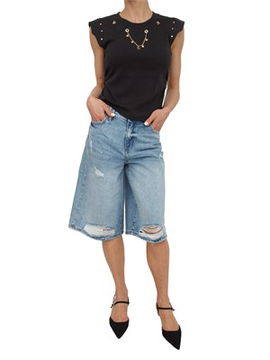 T-shirt Fracomina in misto cotone nero con collana in DONNA