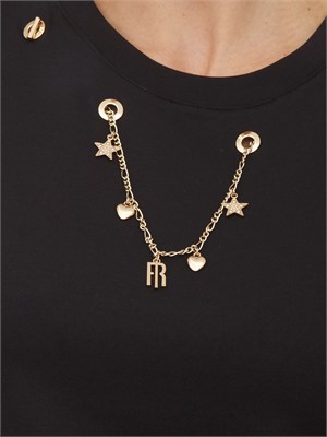 T-shirt Fracomina in misto cotone nero con collana in DONNA