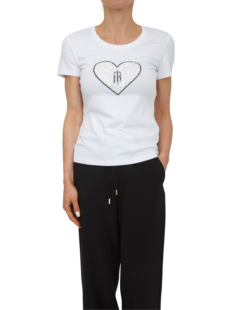 T-shirt bianca Fracomina in cotone con ricamo e strass logo a cuore