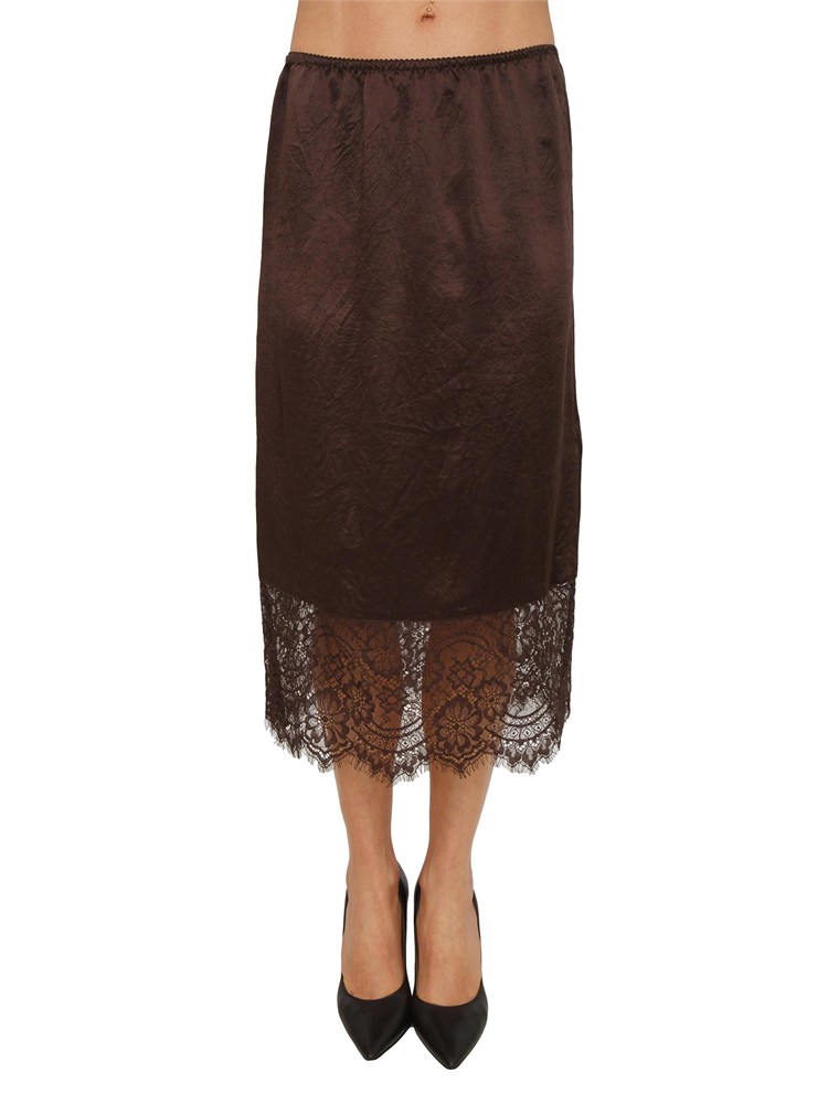 Gonna longuette Liu Jo in raso wrinkle marrone con pizzo