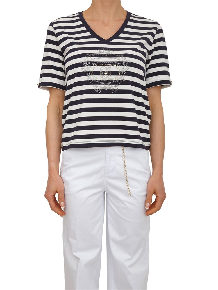 T-shirt Liu Jo donna in cotone e bamboo a righe bianco blu