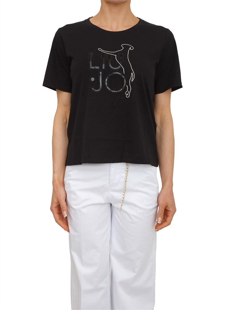 T-shirt Liu Jo donna in cotone nero con logo e strass