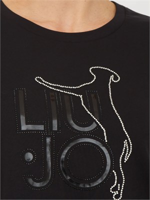 T-shirt Liu Jo donna in cotone nero con logo e strass in DONNA