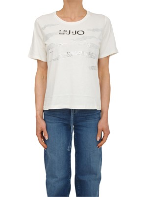 T-shirt Liu Jo donna in cotone bianco con logo e strass in DONNA