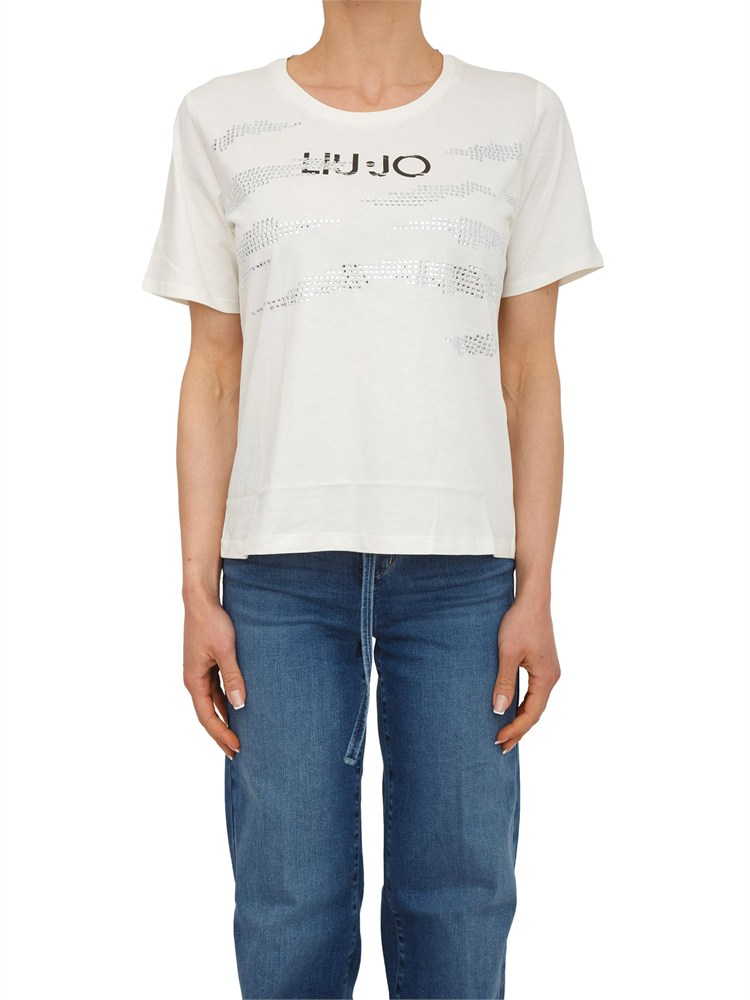 T-shirt Liu Jo donna in cotone bianco con logo e strass