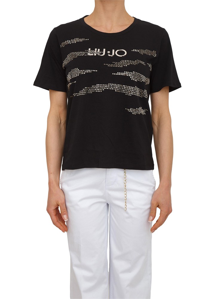 T-shirt Liu Jo donna in cotone nero con logo e strass