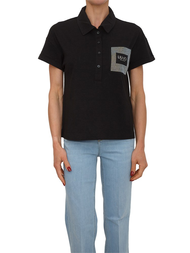 Polo Liu Jo donna in cotone nero con tasca strass