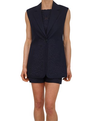 Gilet Twinset in misto lino e viscosa blu con ricamo in DONNA
