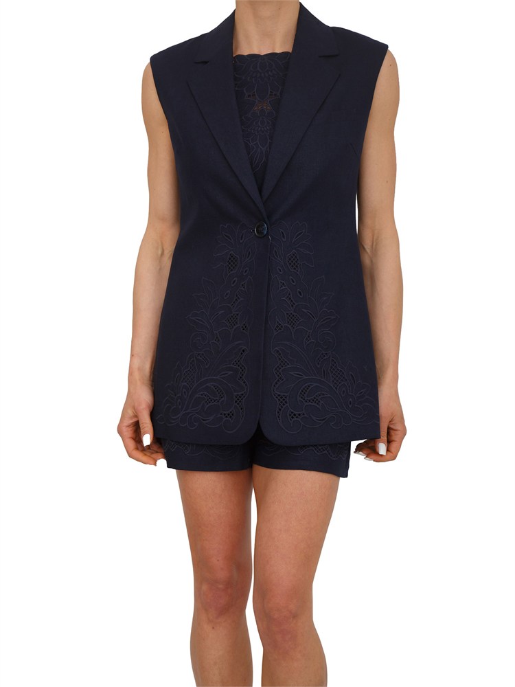 Gilet Twinset in misto lino e viscosa blu con ricamo