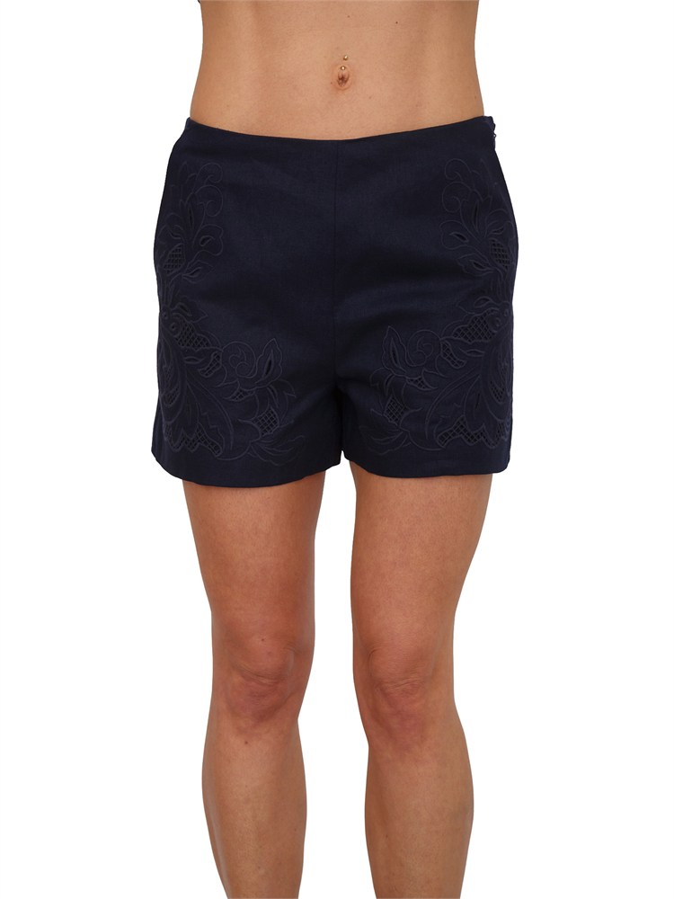 Shorts Twinset in lino e viscosa blu con ricamo