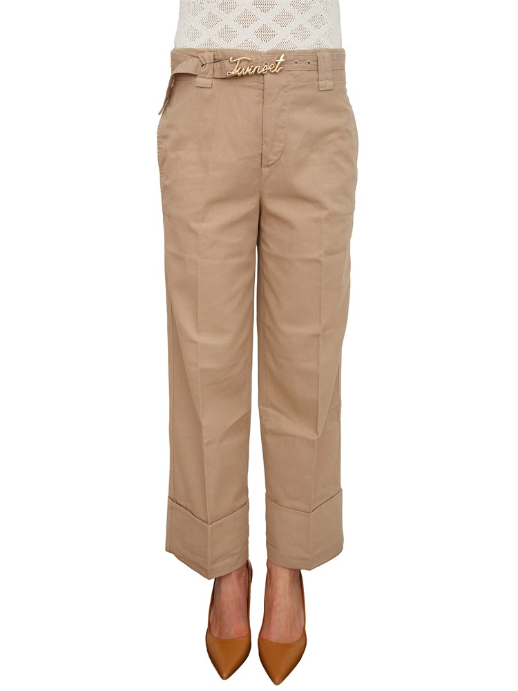 Pantaloni Twinset in cotone beige con cintura