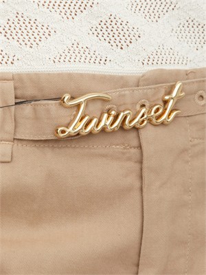 Pantaloni Twinset in cotone beige con cintura in DONNA