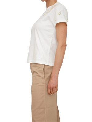 T-shirt Twinset in cotone bianco con fiori e cristalli in DONNA