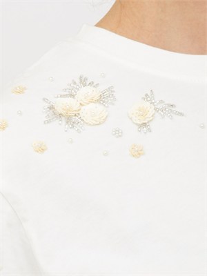 T-shirt Twinset in cotone bianco con fiori e cristalli in DONNA