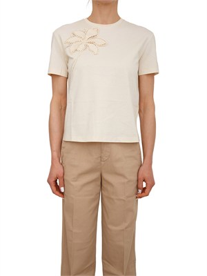 T-shirt Twinset in cotone avorio ricamo fiore in DONNA