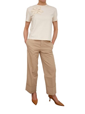 T-shirt Twinset in cotone avorio ricamo fiore in DONNA