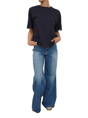 T-shirt Twinset in cotone blu con maniche pizzo in DONNA