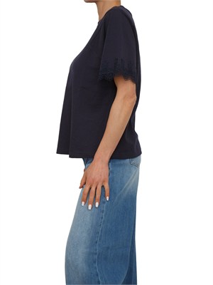 T-shirt Twinset in cotone blu con maniche pizzo in DONNA