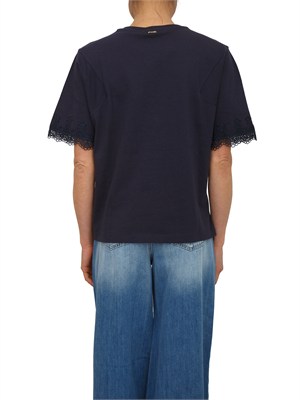 T-shirt Twinset in cotone blu con maniche pizzo in DONNA