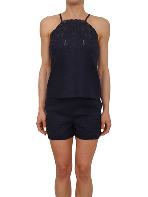 Top Twinset in misto lino e viscosa blu con ricamo in DONNA