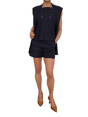 Top Twinset in misto lino e viscosa blu con ricamo in DONNA