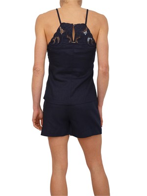 Top Twinset in misto lino e viscosa blu con ricamo in DONNA